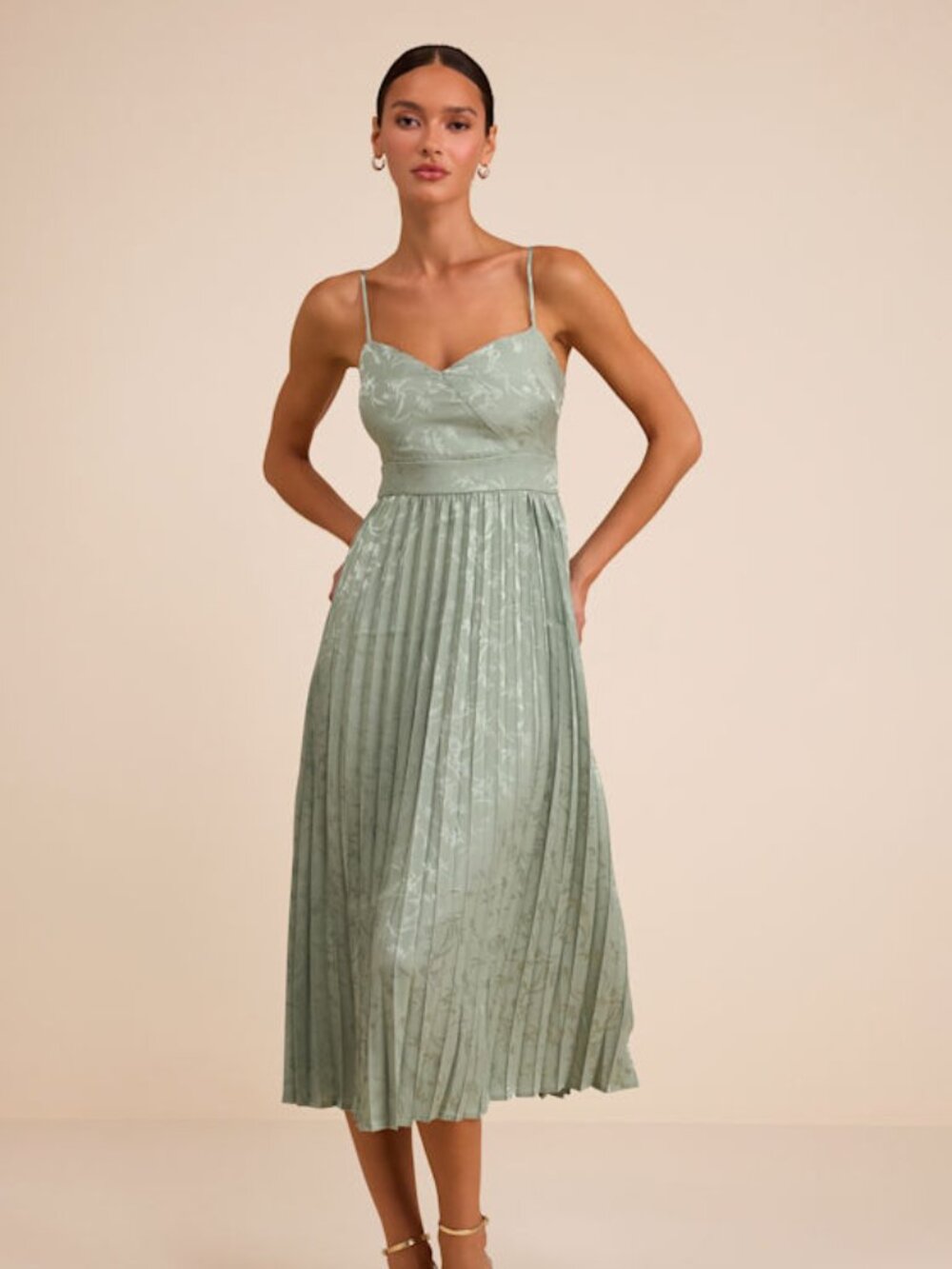 Lulus Regal Romance Sage Floral Jacquard Pleated Satin Midi Dress Green - Size L
